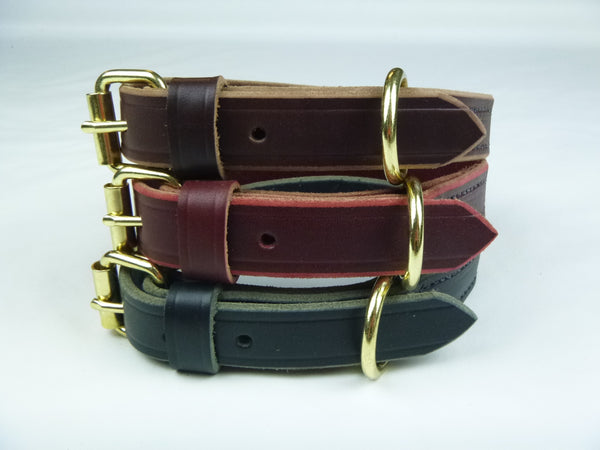 1" Standard Leather Collar available in Brown, Burgundy, and Black (Top to Bottom)